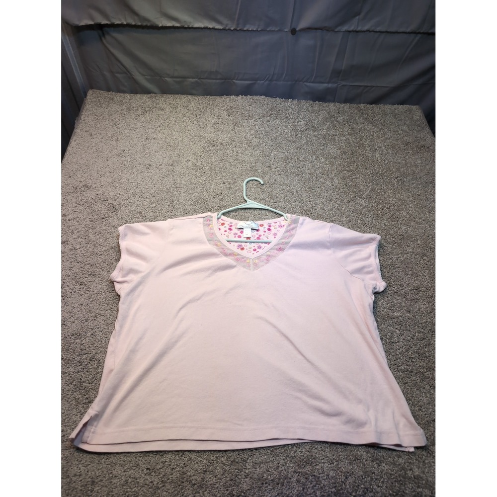 Oscar de la Renta Women's Pink Floral Cotton V-Neck T-Shirt‎ XXL